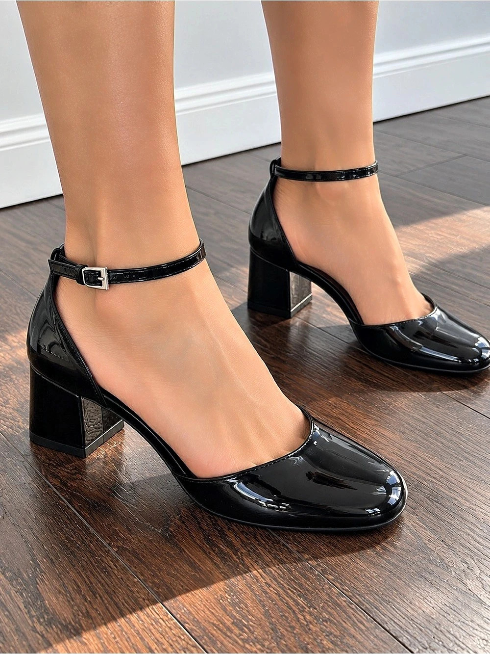 Reformation Laurie Pump Black Patent Ankle Strap Block Heels